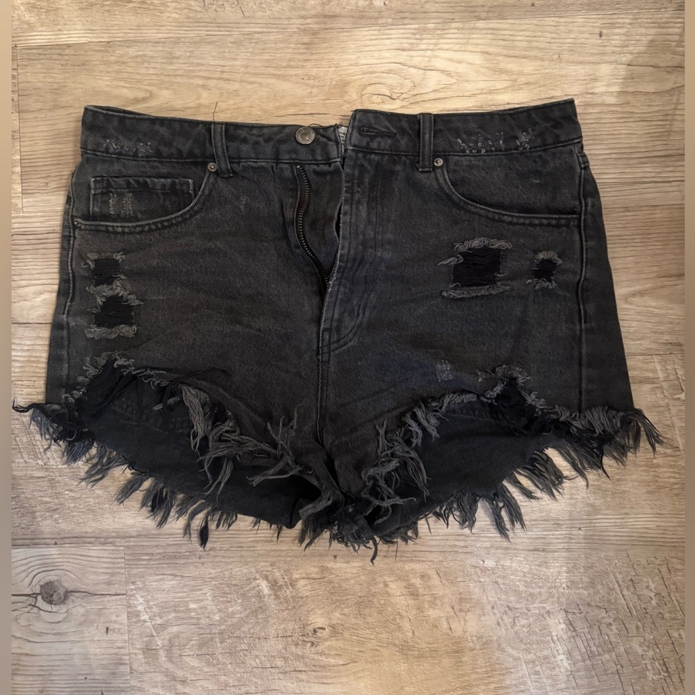 Distressed Black Denim Shorts